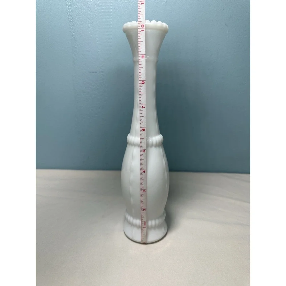 Vintage 1950's Bead and Stitch White Milk Glass Bud Vase 10.5